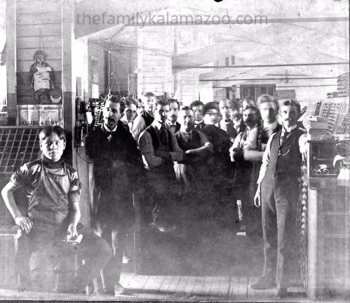 Printshop at Holland American newspaper, 1899 Adrian Zuidweg 3rd from left; Lou Leeuwenhoek 5th from left